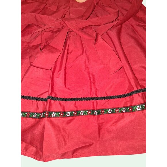 Red Waist Apron With Embroidered Floral Trim & Ties - Picture 3 of 9